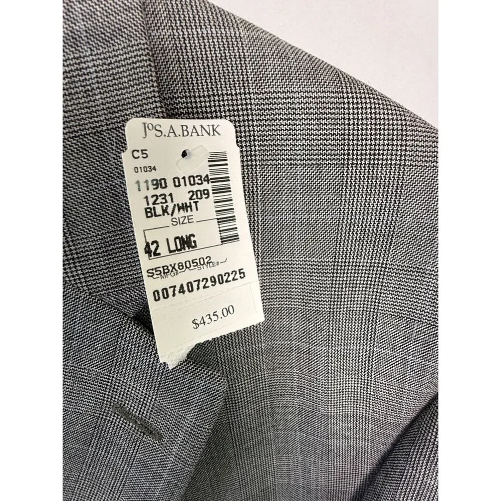 Jos A Bank 100% Wool Suit Gray Glen Plaid Classic 42L 38xUnfinished $585Retail